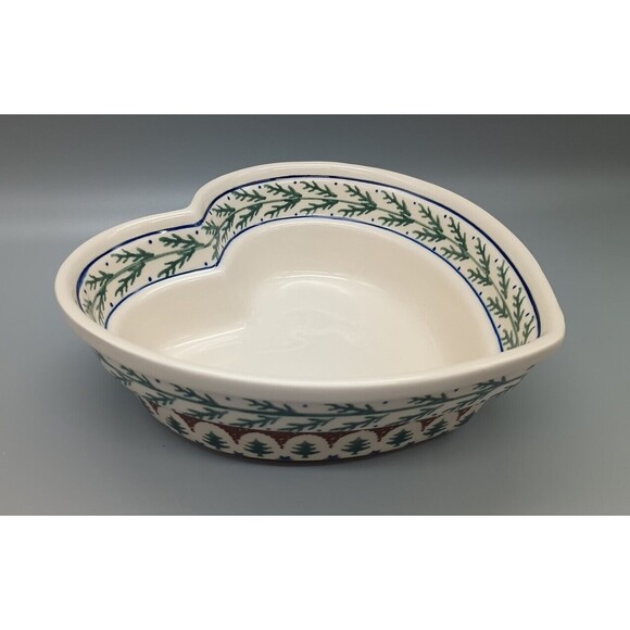 Boleslawiec Polish Pottery Heart Shaped Casserole Christmas Pine Branch Tree - Picture 1 of 10